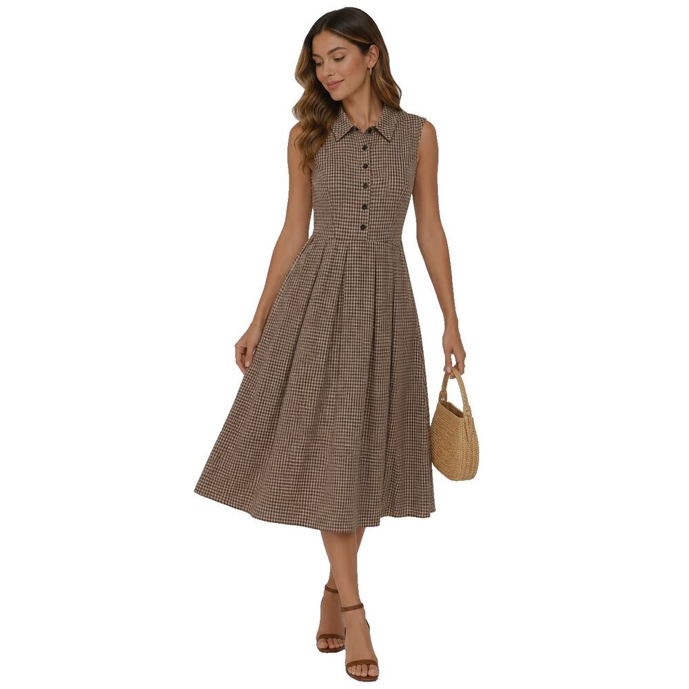 NWT RIHOAS Brown Gingham Midi Dress Small 100% Cotton Side Zip Cottagecore